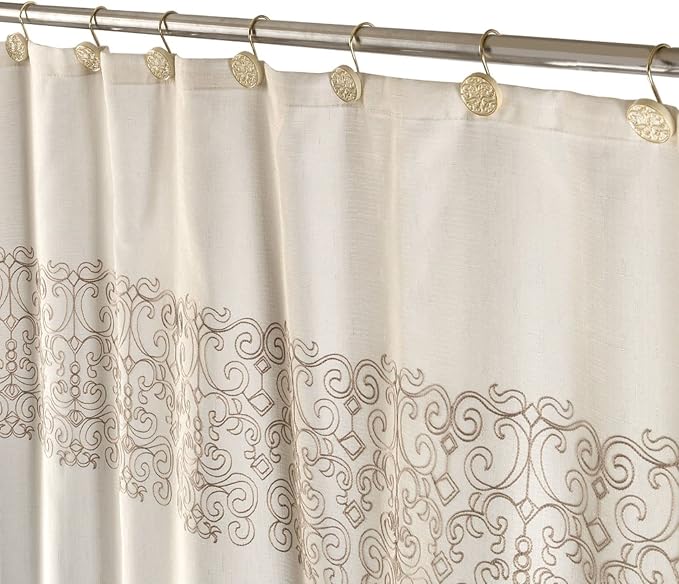 Creative Scents Shannon Shower Curtain Hooks Decorative | Set of 12 | Beige with Gold Shower Curtain Rings