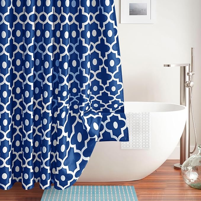 Biscaynebay Textured Fabric Shower Curtains for Bathroom 72" X 72", Indigo Morocco Pearl Printed Linen Shower Curtain Machine Washable