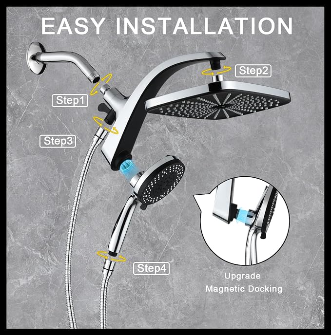 12" High Pressue Rain Shower Head with Handheld, 9 Sprays Hand Showerhead | Shower Heads with Handheld Spray Combo, Dual Head, Built-in Magnetic Docking, Power Jets, 59" Shower Hose, Chrome 1.8GPM