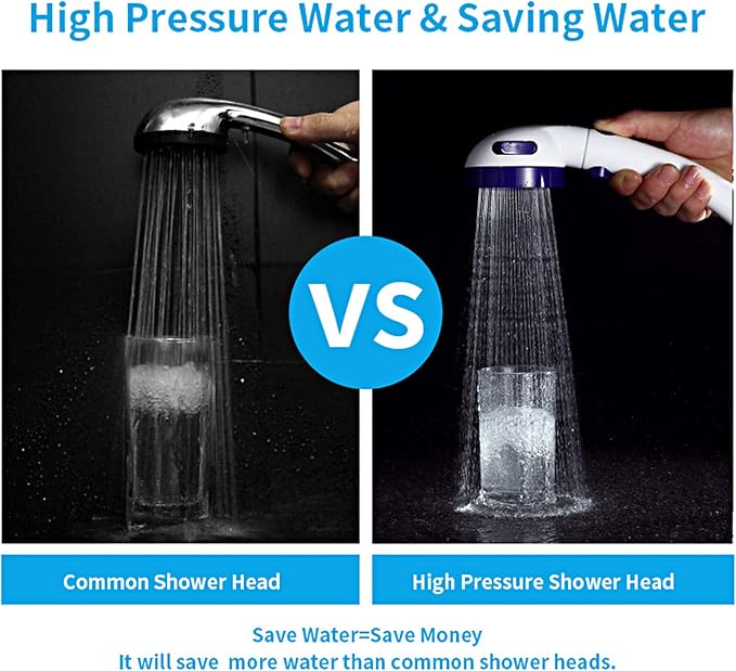 High Pressure Handheld Shower Head with ON/OFF Pause Switch | 3 Spray Modes Shower Wand with Shut Off Button, Camper & RV Showerhead with Hose & Angle Adjustable Bracket, White & Blue