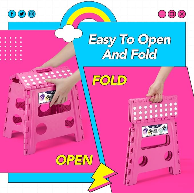 Delxo Folding Step Stool 13 Inch,300 Lbs Step Stool for Adults Pink | Foldable Step Stool 13",Non-Slip Foot Stools with Handle,Lightweight Collapsible stools for Kitchen,Bathroom,Bedroom,Garden