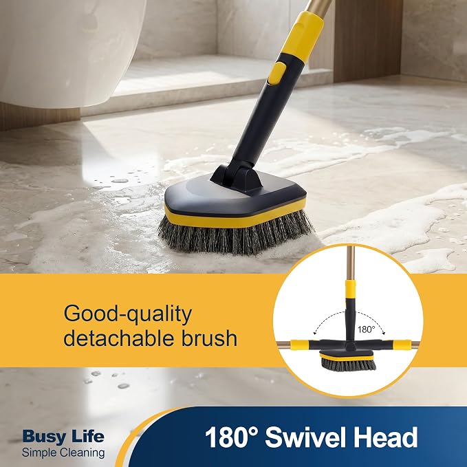 Yocada Tub Tile Scrubber Brush 2 in 1 Cleaning Brush 4*Scouring Pads 58.2" | Adjustable Telescopic Pole Stiff Bristles for Cleaning Bathroom Kitchen Toilet Wall Tub Tile Sink Non Scratch