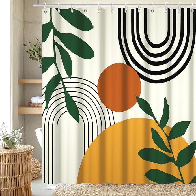 Boho Sun Shower Curtain with Hooks for Bathroom 72x78 Inch | Waterproof Mid Century Green Leaves and Arch Shower Curtain Set, Soft Beige Bathroom Decor