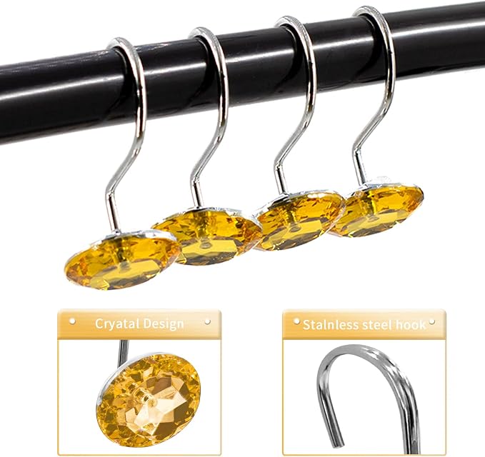 Crystal Diamond Round Shower Curtain Hooks Rings for Bathroom,Gold,12PCS | Acrylic Decorative Rhinestones Bling Shower Hooks Rings,for Bathroom Curtains Rod,Gem Metal Rust Proof Shower Hangers