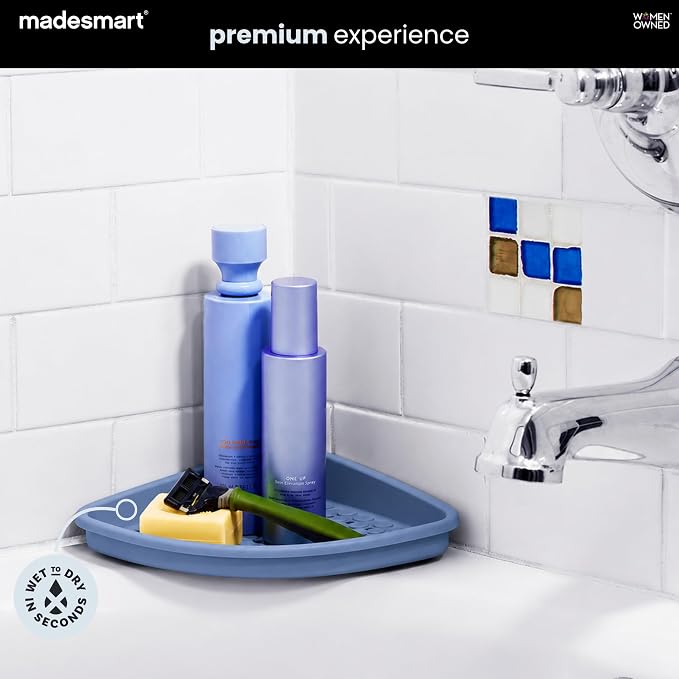madesmart Bathtub Corner Shelf, Blue | suction cup base, drainage holes, raised edges, shampoo soap razors, bath accessories, woman owned
