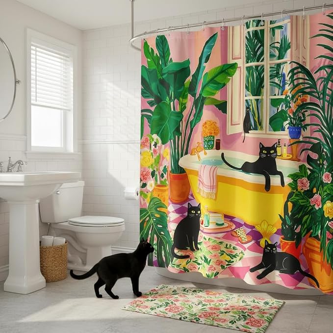 Accnicc Boho Cat Shower Curtain for Bathroom 72 X 84 Inches | Cute Funny Black Cats Matisse Extra Long Shower Curtains, Tropical Plant Bathroom Decor, Water-Resistant Washable Polyester