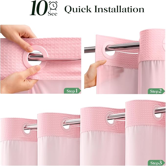 Pink Hook Free Waffle Shower Curtain & Snap-in Fabric Liner,72x87 | Less Time to install, 3 in 1 Fabric Shower Curtain and Liner Set with Magnets, Extra Long, Shower Curtains for Bathroom