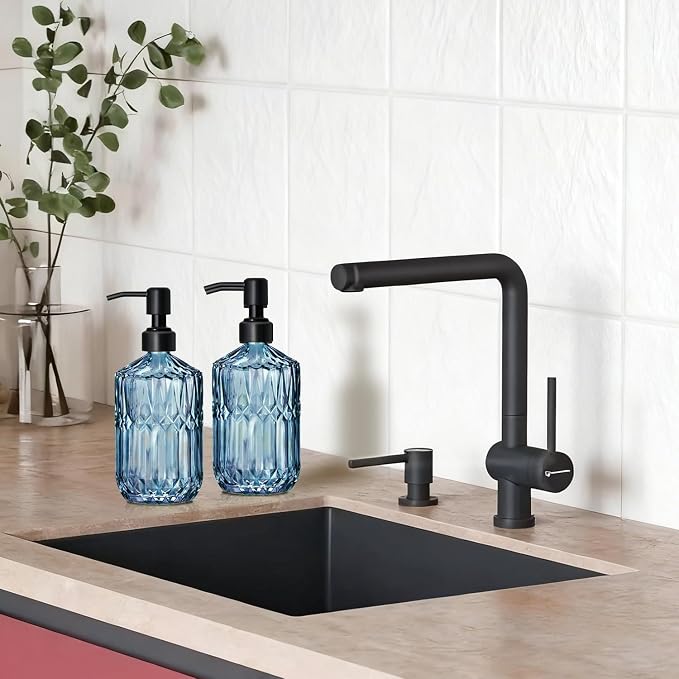 COHOSEGE 17 Oz Blue Glass Kitchen Soap Dispenser for Dish Soap, 2 Pack Bathroom Soap Dispenser Set with Black Rust Proof Pump for Lotion, Hand soap or Body Wash
