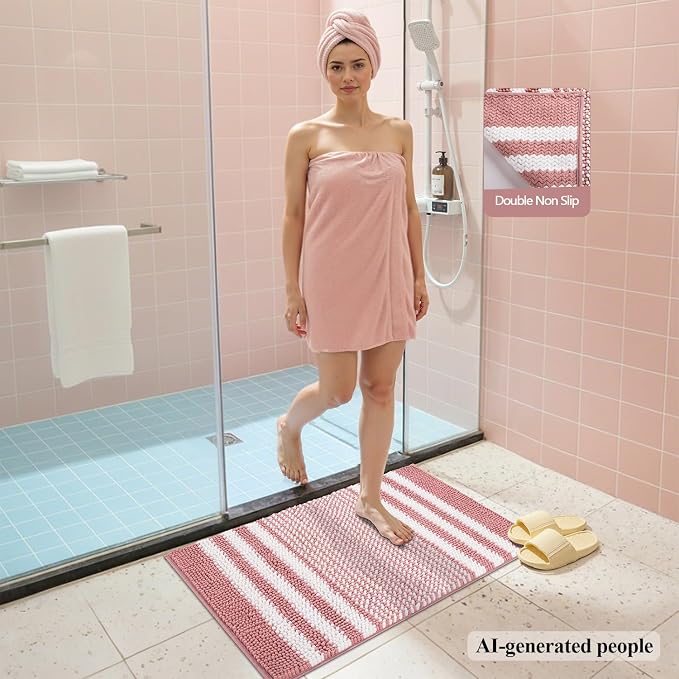 Bathroom Rugs, 24x16 Inch Extra Soft Absorbent Shaggy Chenille Bath Rugs, Non Slip Backing Quick Dry Machine Washable Modern Bath Mat for Bathroom Floor, Home Decor Accessories,Dusty Pink