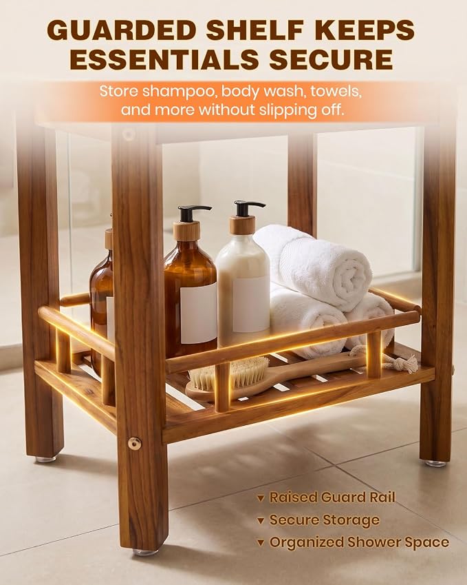Saker 20inch Teak Shower Bench Wood Shower Stool Waterproof with Shelf | 100% Solid Shower Seat,2-Tier Shelf Non-Slip Feet wooden Shower Chair, 500 lb Capacity for Bathroom, Indoor & Outdoor Use