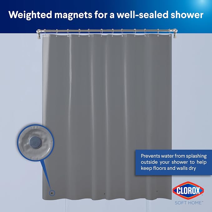 Clorox Shower Curtain Liner, Premium Colored Medium-Weight Durable Waterproof 6g PEVA for Bathroom with Weighted Magnets, Standard Size 72" x 72", Grey
