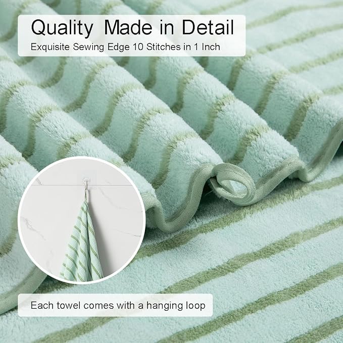 4 Pcs Green Cabana Stripe Large Bath Sheets Soft Microfiber Bathroom Towels | Fluffy oversized towel with hang loops absorbent quilck dry easy replacement family dorm sets for home beach pool gym yoga