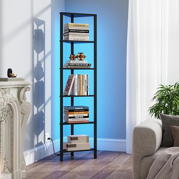 TUTOTAK Corner Shelf with LED Light, 6-Tier Corner Bookshelf | for Small Space, Narrow Display Corner Shelf Stand with Storage Rack, for Living Room, Bedroom, Black BS05BK006L