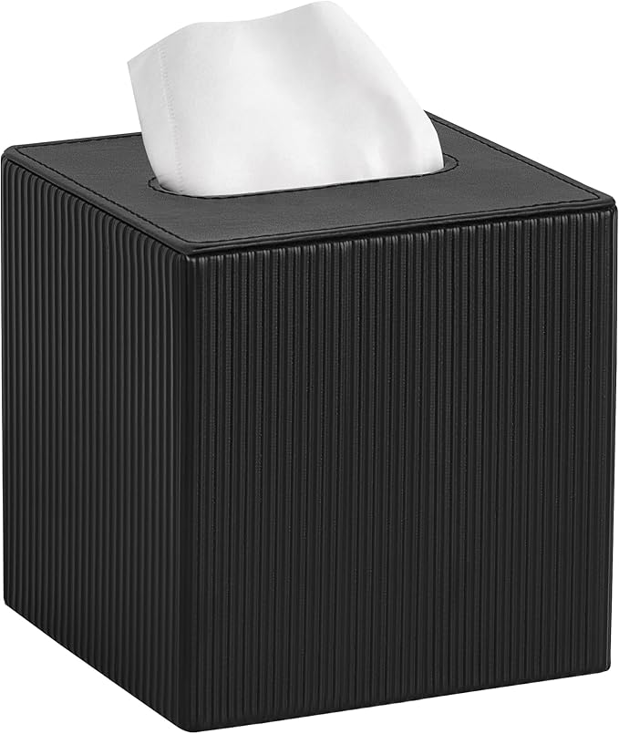 Mkono Tissue Box Cover, PU Leather Square Holder with Bottom, Black | Decorative Facial Cube Organizer, Vanity Dresser Countertop Tabletop, Bathroom Bedroom Office Nightstand, Home Decor Accent