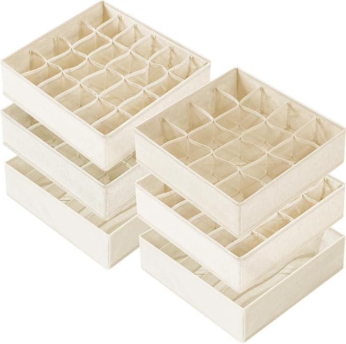 6 Pcs Drawer Organizer Clothes - 90 Cells Closet Organizers and Storage for Baby Nursery - Washable Fabric Dresser Organizer Dividers for Sock Underwear Bra Dorm Room Essentials (Beige)
