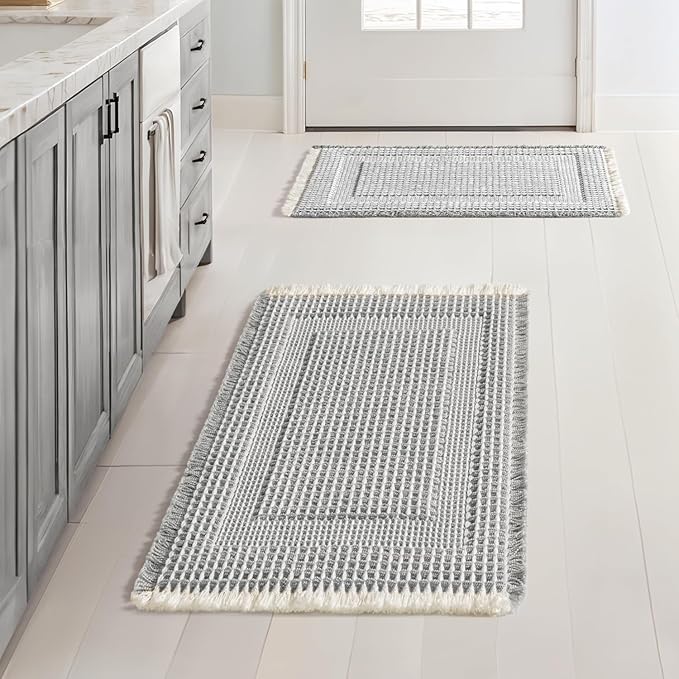 MIULEE Set of 2 Waffle Bathroom Rugs Lightgrey & Cream Boho Bath Mat 17x24 | Looped Design, Super Absorbent, Non Slip, Washable, Ultra Soft, Rubber Backed, Bathroom Mats for Floor Tub Shower
