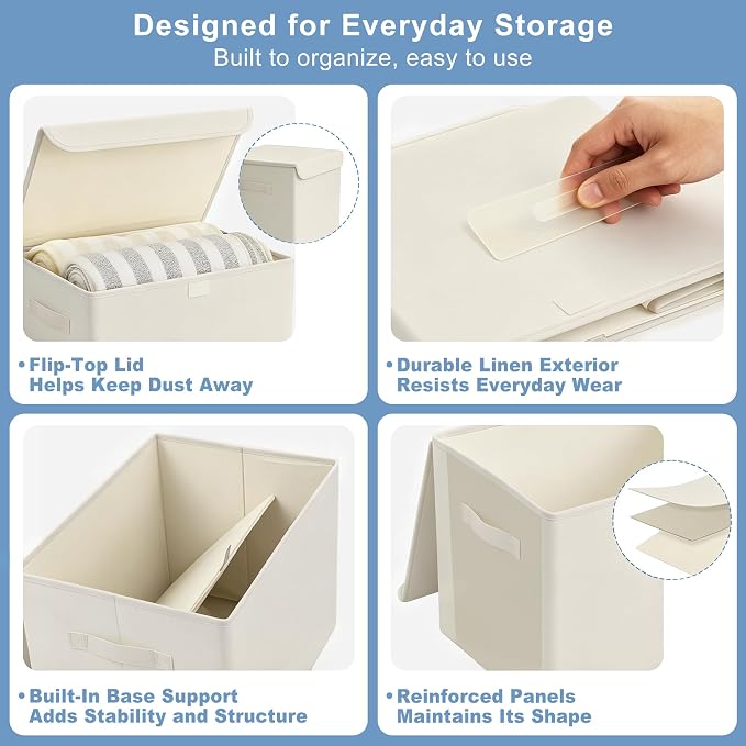 Large 42 Quarts Collapsible Stackable Storage Bins Cube with Lids [3-Pack] Foldable Fabric Linen Storage Boxes, Closet Organizer Baskets with Label for Home (16.7 x 12 x 12, Beige)