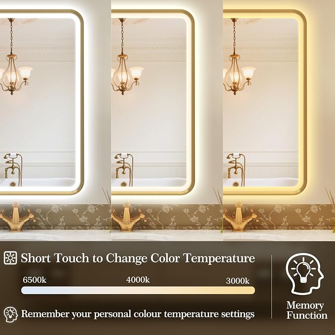 S'bagno 32X24 Gold LED Mirror for Bathroom with Frontlit & Backlit, LED Bathroom Mirror with Metal Frame, Anti-Fog, Stepless Dimmable, 3 Colors Temperature LED Vanity Mirror(Horizontal/Vertical)
