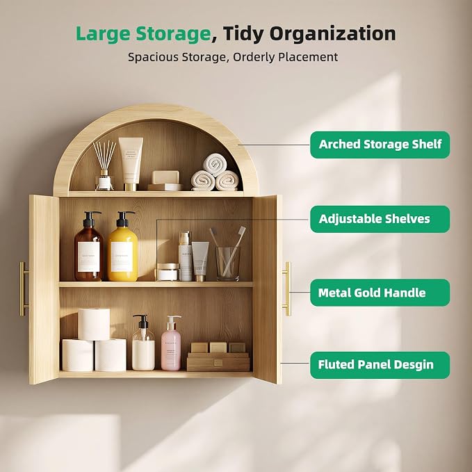 Kalrin Arched Wall Cabinet, Large Wood Bathroom Cabinet Wall Mounted Cupboard, Modern Floating Storage Cabinet with Door Adjustable Shelf, Wood Organizer Light Oak