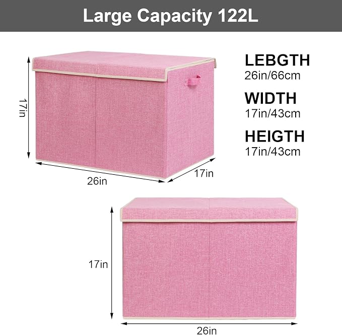 122L Large Toy Box Chest Storage with Lid, Collapsible Kids Toy Storage | Toy Chest with with Removable Divider for Kids, Boys, Girls, Nursery, Living Room, Bedroom, 26"x17" x17" (Linen Pink)