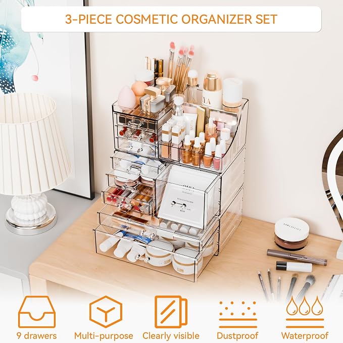 3 Pack Clear Makeup Organizer Countertop for Dresser,Vanity and Bathroom Counter Organizer,Tiered Stackable Makeup Acrylic Organizers with 9 Drawer for Skincare,Brush and Make up Holders