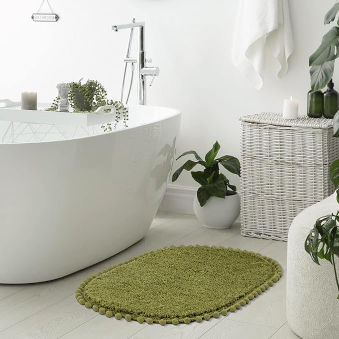 YIRDDEO Oval Rug for Bathroom, Cute Boho Bath Mat with Pom, Olive Green | Soft Plush, Absorbent, Quick Dry, Machine Washable, Non Slip Bath Mat for Bathroom Shower Floor Home Decor