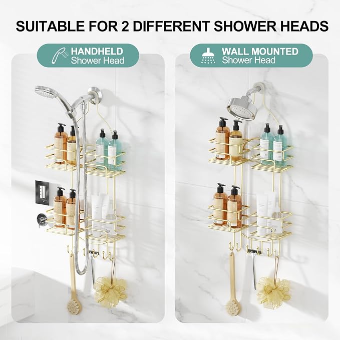 SRIWATANA Shower Caddy Hanging, Shower Organizer with Razor Hooks, Gold | Rustproof Shower Rack, No Drilling Shelves Over Shower Head, Anti-Swing Scution Install, Bathroom Holder for Sponge Loofah
