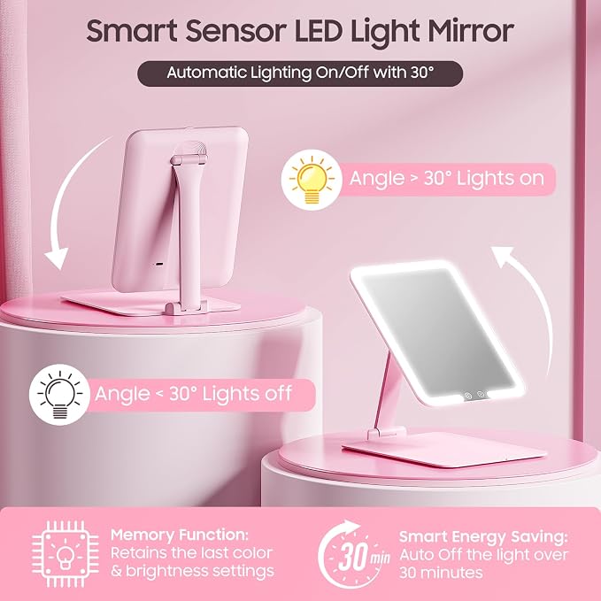 Foldable Travel Makeup Mirror with Lights, 20X Magnification, Pink | Rechargeable LED Vanity Mirror, Height & Angle Adjustable, 3-Colors Lighting, Smart Auto Sensor, Portable Tabletop Mirror