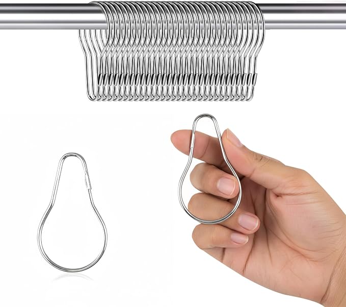 100 Pack Shower Curtain Hooks, 2.5" Metal Shower Curtain Rings, Made of Rust Resistant Nickle-Plated Steel, Pear Shaped Split Rings, Hanging Clips