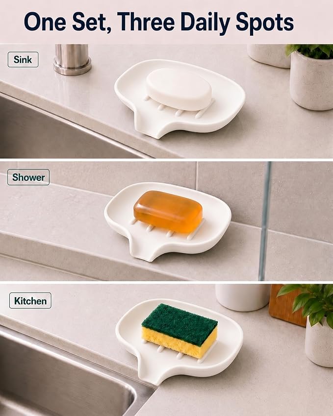 3 Pack Soap Bar Holder, AIMAIAIMAI Self Draining Soap Dish, Quick Drainage, Soap Dishes for Bathroom, Shower, Silicone Soap Tray for Kitchen, Dishwasher Safe (White)