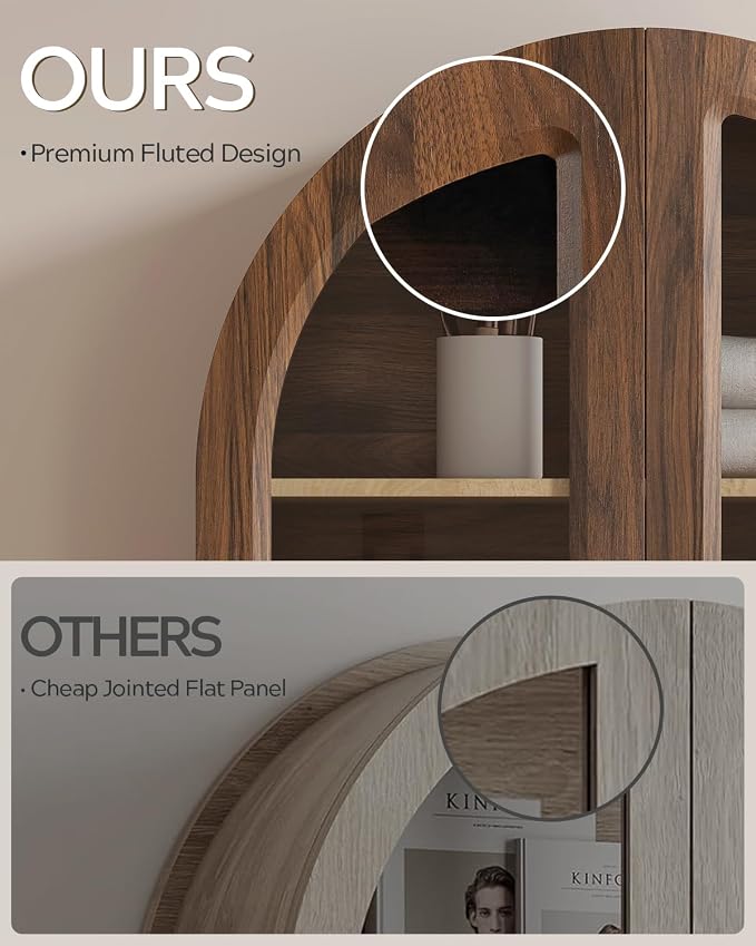 Fluted Arched Wall Cabinet, Large Wood Bathroom Medicine Cabinet Wall Mounted Cupboard, Modern Floating Storage Cabinet with Acrylic Door Adjustable Shelf, Organizer, Brown-Oak