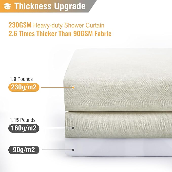 Linen Textured Waterproof Fabric Shower Curtain, 72x90, Light Cream | Heavy Duty Polyester Cloth, 12 Plastic Hooks, Quick-dry, Elegant Drape, Modern Hotel Style, Bathroom Decor, Machine Washable