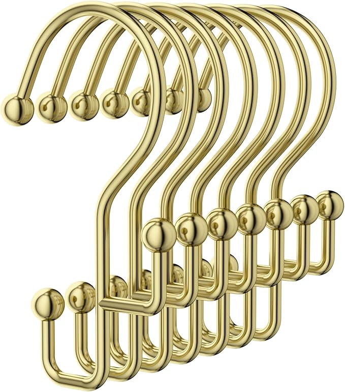 Shower Curtain Hooks, Gold Shower Curtain Hooks Rust Proof, Anti-Drop Metal Shower Curtain Rings Hooks, Double Shower Hooks for Shower Curtain, Shower Rings for Curtain & Liner, Gold-12 Pcs