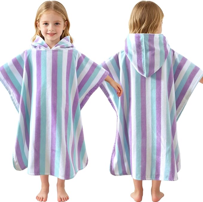 VOOVA & MOVAS Hooded Poncho Towel for Kids, 4-8 Years, Aqua Purple Stripe | Two-Tone Striped Craft, Soft Texture, High Absorbency & Fast Drying for All Water Activities