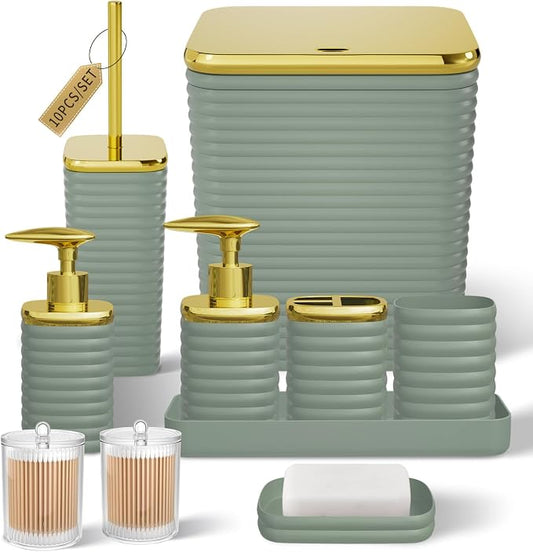 Bathroom Set - 10PC Bathroom Accessory Set, Sage Green Bathroom Set, Luxury Bathroom Accessories Set, Trash Can, Toilet Brush, Soap Dish, Qtip Holder & Soap Dispenser