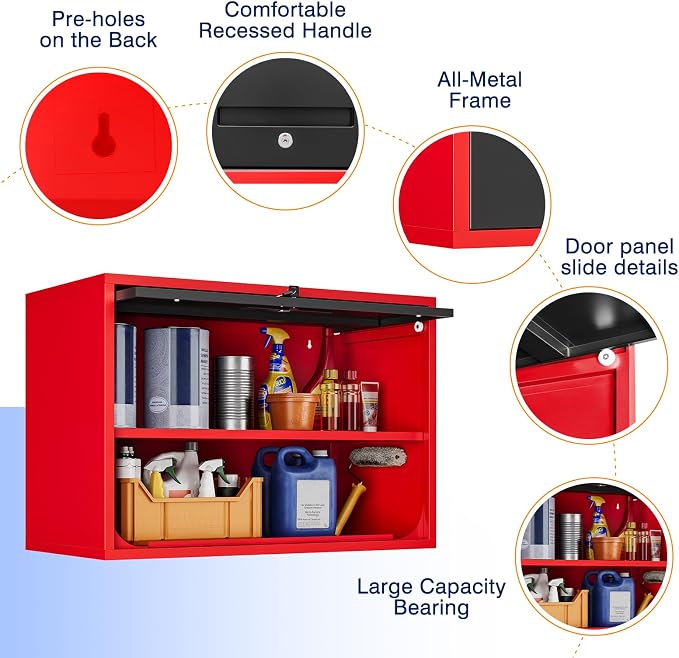 Metal Garage Wall Cabinet with Doors and Shelves,Wall Mounted Metal Storage Cabinet, Floating Steel Tool Cabinet for Garage,Basement,Kitchen,Warehouse (Red Black,21.6" H)