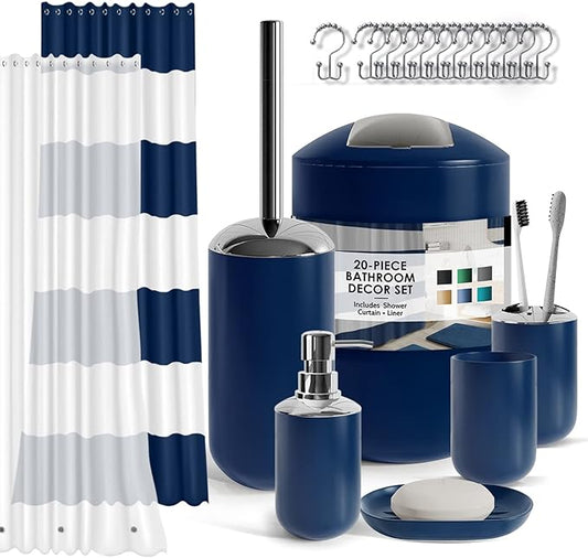 Clara Clark Bathroom Set - Navy Bathroom Accessories Set, 20PC Bathroom Accessory Set, Shower Curtain Set with Liner, Toothbrush Holder, Soap Dispenser, Soap Dish, Toilet Brush Holder, and Trash Can