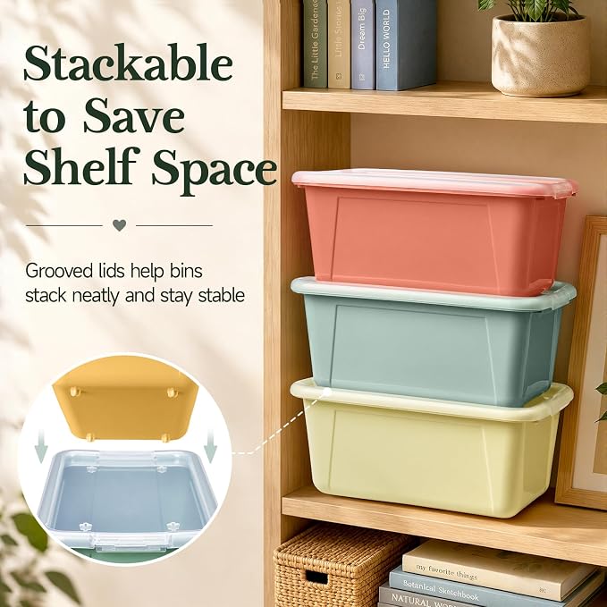 GAMENOTE 6 Quart Storage Bins with Lids, Plastic Latching Box for Classroom & Kids Toy Storage,Stackable Shoe Box Size Containers for STEM Morning Tubs, Crafts & Blocks (6, Morandi)