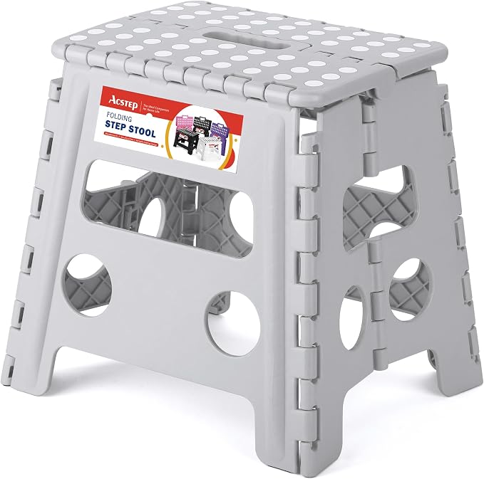 13" Folding Step Stool, Non-Slip Foldable Stools for Adults, Gray | Heavy Duty Portable Collapsible Foot Stepping Stool, Holds 300 lb for Kitchen Bathroom Outdoor, Lightweight, Built-in Handle
