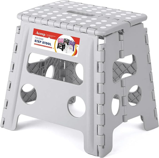 13" Folding Step Stool, Non-Slip Foldable Stools for Adults, Gray | Heavy Duty Portable Collapsible Foot Stepping Stool, Holds 300 lb for Kitchen Bathroom Outdoor, Lightweight, Built-in Handle