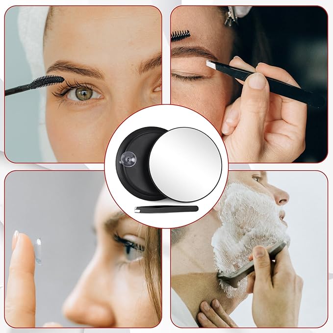 10X Magnifying Mirror with 3 Suction Cups - 6'' Stick on Makeup Mirror with 10X Magnification, Magnified Makeup Mirror Portable Handheld Cosmetic Mirror and Tweezers Set for Travel, Makeup, Bathroom