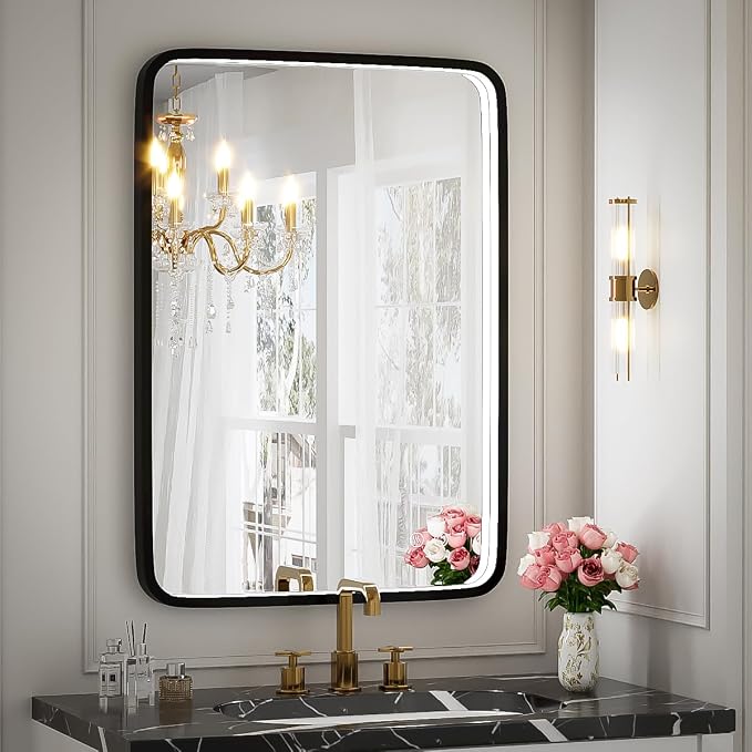 20x28 Inch LED Lighted Bathroom Mirror,Black Frame | ETL Listed,Anti-Fog,3000K/4500K/6000K Dimmable,Horizontal & Vertical,Wall Mounted,Memory Function,Ideal for Bathroom,Vanity