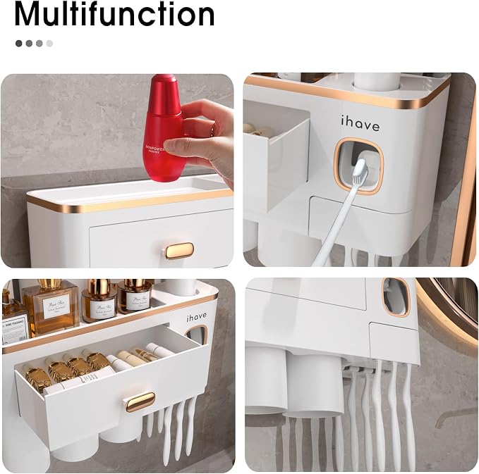 iHave Toothbrush Holders Bathrooms Wall Mount Toothpaste Dispenser & 3 Cups | Elegant White & Gold Bathroom Decor: 3 Cups, 6 Slots, Toothpaste Dispenser, Tray & Drawer Wall Mount Toothbrush Organizer