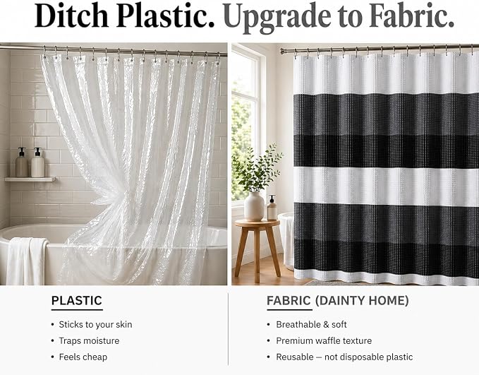 Dainty Home Ombre Waffle Weave Shower Curtain 70 x 72 Black Textured Fabric Shower Curtain, Hotel Style Waffle Weave Bathroom Curtain, Water Resistant Polyester Ombre Shower Curtain