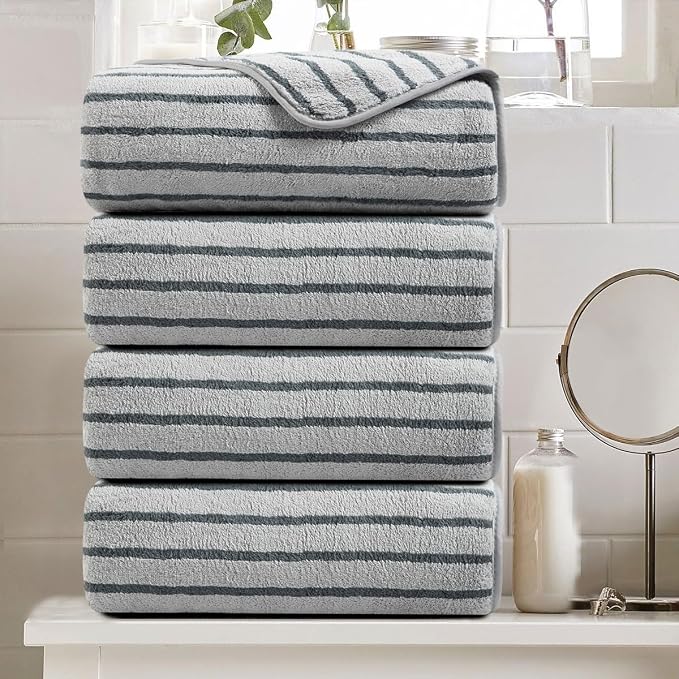 4 Piece Grey Cabana Stripe Large Bath Towels Oversized Bath Sheet Super Soft Breathable Jumbo Bathroom Towels Highly Absorbent Shower Towel Quick Dry Beach Chair Towel Spa Gym Hotel Towel Set