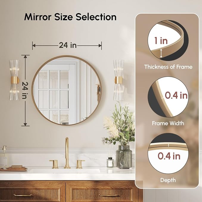 24 Inch Gold Round Bathroom Mirrors for Over Sink | Circle Mirror with Aluminum Frame, Wall Mirror for Vanity, Entryway, Living Room, Hallway and Bedroom Decor