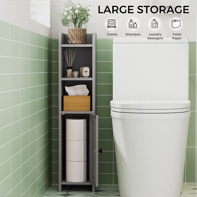 Homhedy Small Bathroom Storage Cabinet, Narrow Toilet Paper Cabinet | Corner Floor Cabinet with Door and Shelves, Slim Bathroom Cabinet for Small Spaces, 7.9" D x 7.1" W x 31" H, Gray