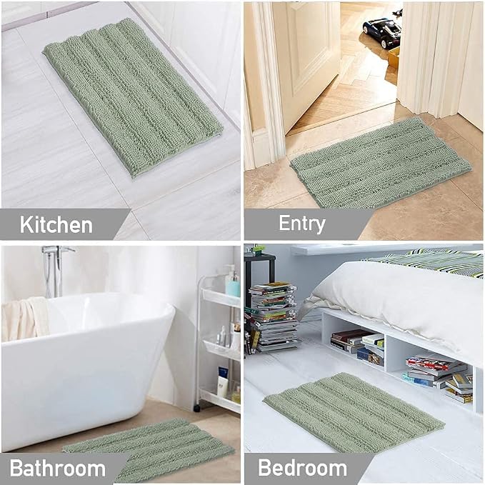 Turquoize Luxury Chenille Bath Rug for Bathroom Rugs Extra Absorbent Bath Mat Non Slip Microfiber Shower Rug for Bathroom Microfiber Shaggy Carpet Rug Size, 17"x 24", Sage