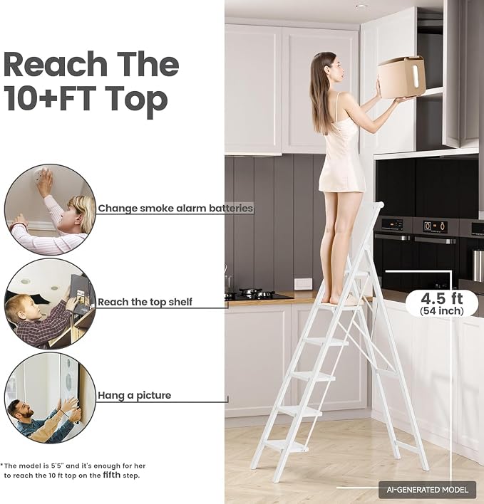 6 Step Ladder, Folding Step Stool, Lightweight Stepladder, White | Reach 12ft;Anti-Slip 7.9'' Wide Pedal;Portable Handrail;Space-Saving;For Kitchen, Home, Library, Office Use;300lbs Capacity