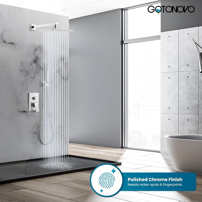 gotonovo Shower Faucet Set with Handheld Spray Polished Chrome,12'' Head | SUS304 Rainfall Shower Head and Handle Set System Fixture,Pressure Balance Valve Trim Kit,Single Handle,Wall Mount,All Metal
